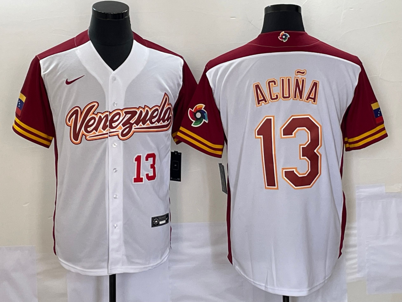 Men's Venezuela Baseball #13 Venezuela Acuña Jr. 2023 White World Baseball Classic With Patch Stitched Jersey Men's Venezuela Baseball #13 Venezuela Acuña Jr. 2023 White World Baseball Classic With Patch Stitched Jersey